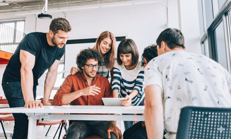 Equipe colaborando em workshop
